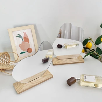 

Ins Makeup Mirror Acrylic Lens Make Up Mirror Wooden Base Stand Irregular Edge Desktop Cosmetic Mirror Beauty Tools Dropshipping