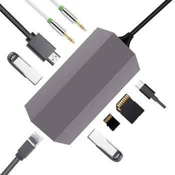 

9in1 USB Hub Type-C to HDMI 4K 2Port USB3.0 HUB SD TF Card Reader RJ45 USB Sound Card 3.5mm Audio Jack USB-C PD Charging 11