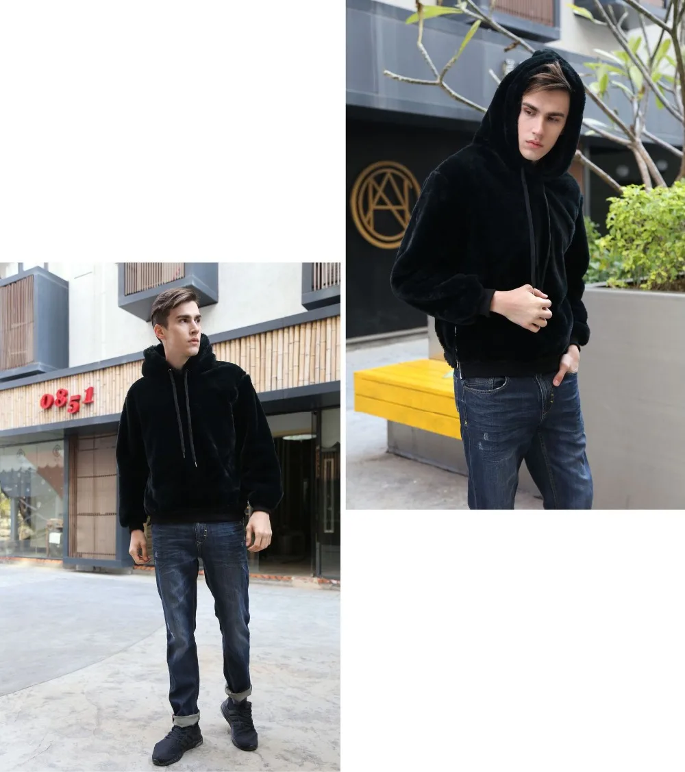 Модная флисовая пушистая толстовка с капюшоном из искусственного меха для мужчин; повседневные Черные плюшевые толстовки с капюшоном; Зимние толстовки с длинными рукавами; теплые плотные пальто