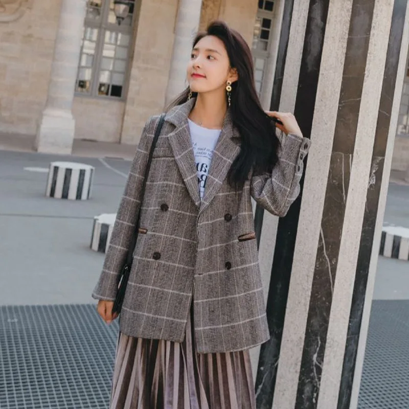 

Photo Shoot Western Style Retro Pattern Double Breasted Small Suit Women's INS Plaid Loose-Fit Casual Woolen Middle Long Coat
