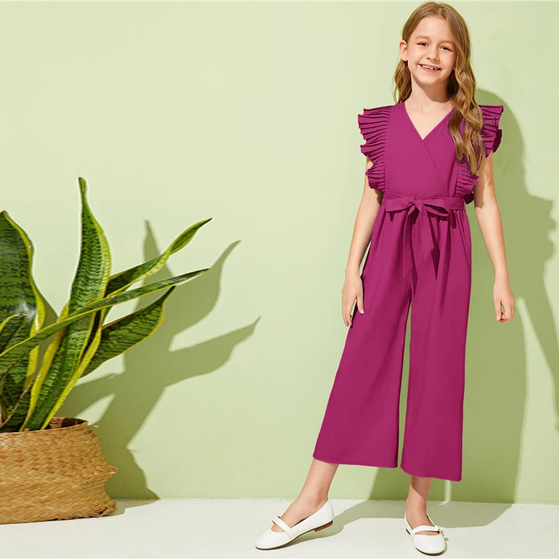 SHEIN Kiddie, v-образный вырез, плиссированные проймы, для отдыха, с поясом, комбинезоны для девочек,, летние, без рукавов, с оборками, широкие, Комбинезоны