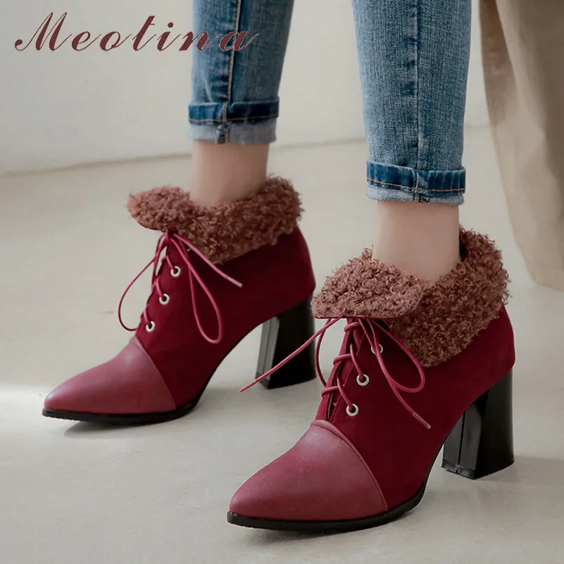 

Meotina Women Boots Winter Ankle Boots Fashion Chunky High Heels Short Boots Lace Up Pointed Toe Shoes Ladies Fall Big Size 3-12