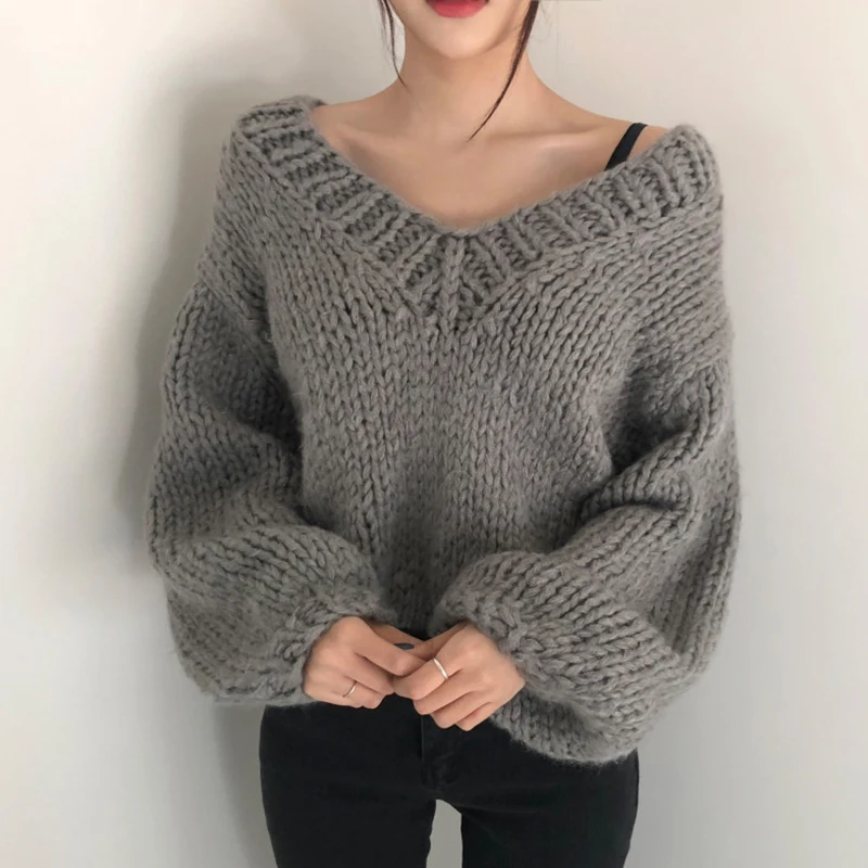 Woherb корейский винтажный свитер женский сплошной цвет вязаный пуловер женский Осень Зима Harajuku v-образный вырез фонарь рукав джемпер