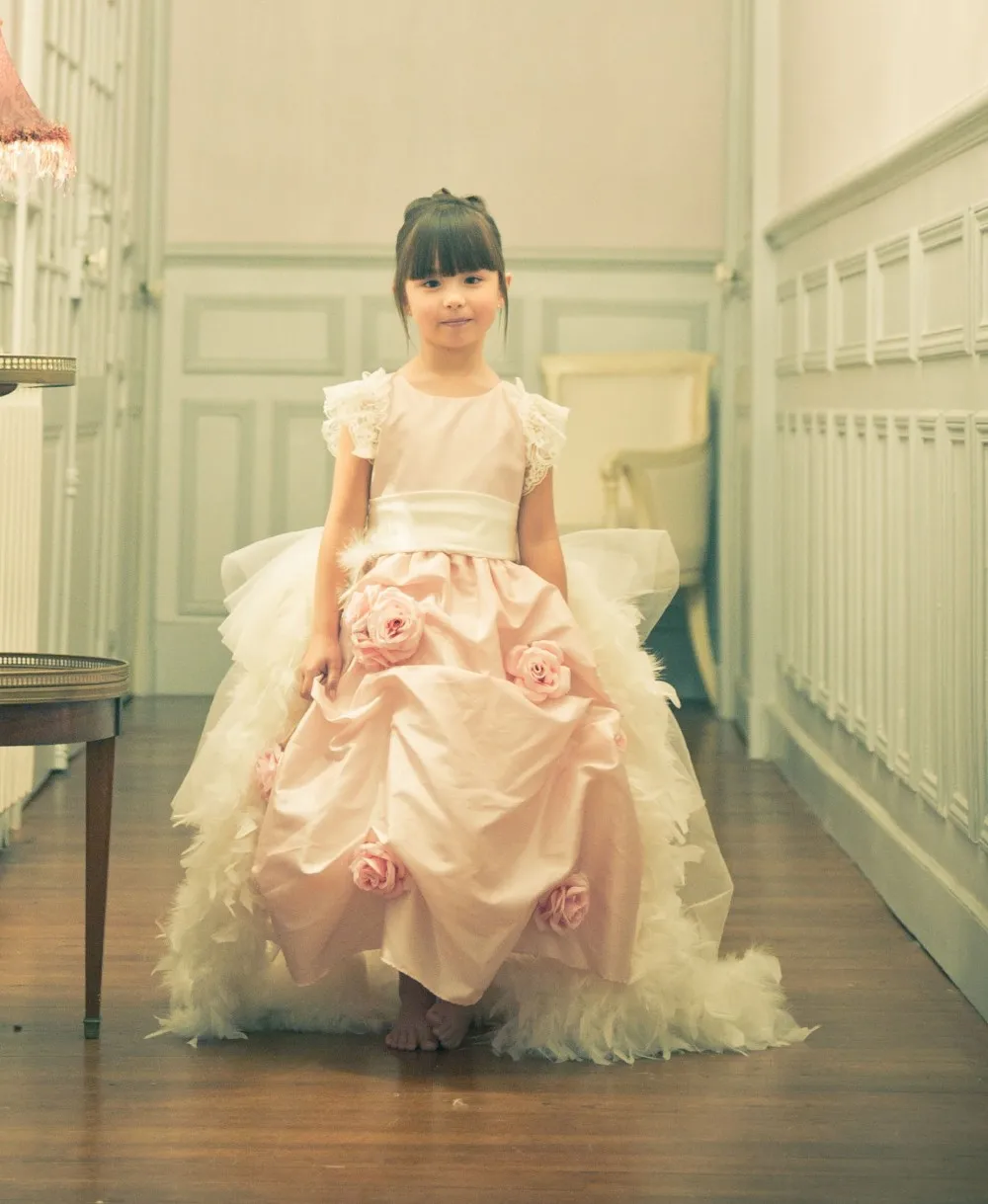 

A Touch Of Roses A Stunning Gown Adorned With Roses Detachable Feather Train Pink Kid's Pageant Dresses
