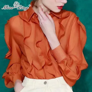 

MIAOQING Patchwork Ruffles Blouses Female Lapel Collar Lantern Long Sleeve Irregular Shirts Women 2019 Clothing Fashion Tide