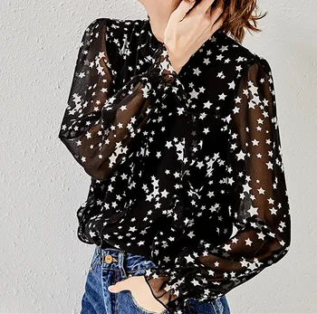 

Women Half-high Collar Blouse Ruffled Small Tie Star Shirt Long Sleeve Elegant Top New