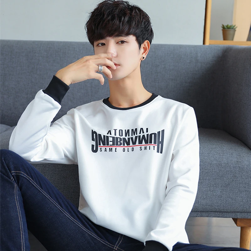 Letter Print O neck Oversized 2019 New Autumn Winter men T shirt long Sleeve plus size Korean style minimalist student clothes