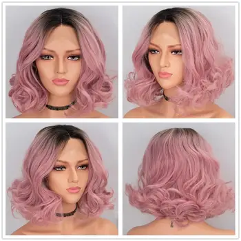 

Scheherezade Ombre Pink Wig Short Wavy Wig Synthetic Lace Front Wigs For Black Women High Temperature Fiber Bob Cosplay Wigs