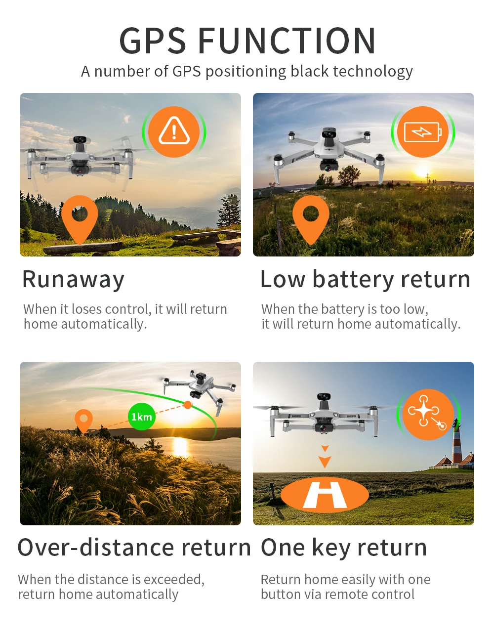 KF102 MAX Drone, low battery return When battery is too low, return home automatically . over-distance