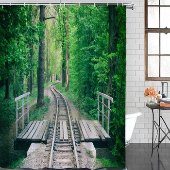 

Railroad Tracks Stakes Forest Green Leaves Modern Home Decor Bathroom Waterproof Shower Curtain