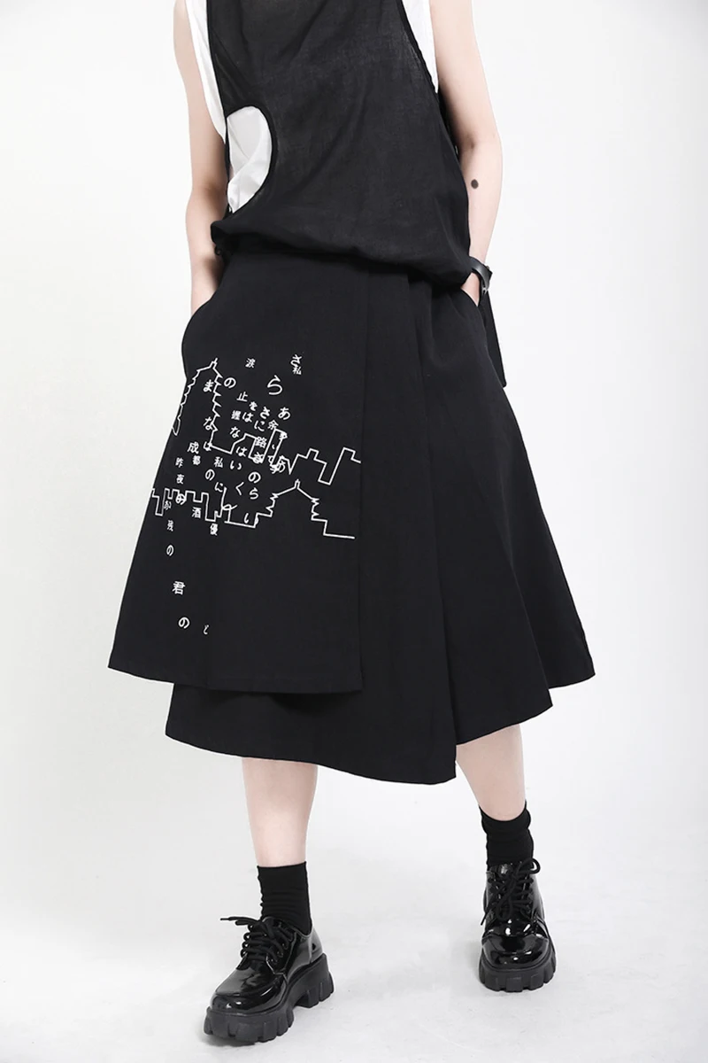 [EAM] High Elastic Waist Black Pattern Printed Irregular Half-body Skirt Women Fashion Tide New Spring Autumn 2020 1X349