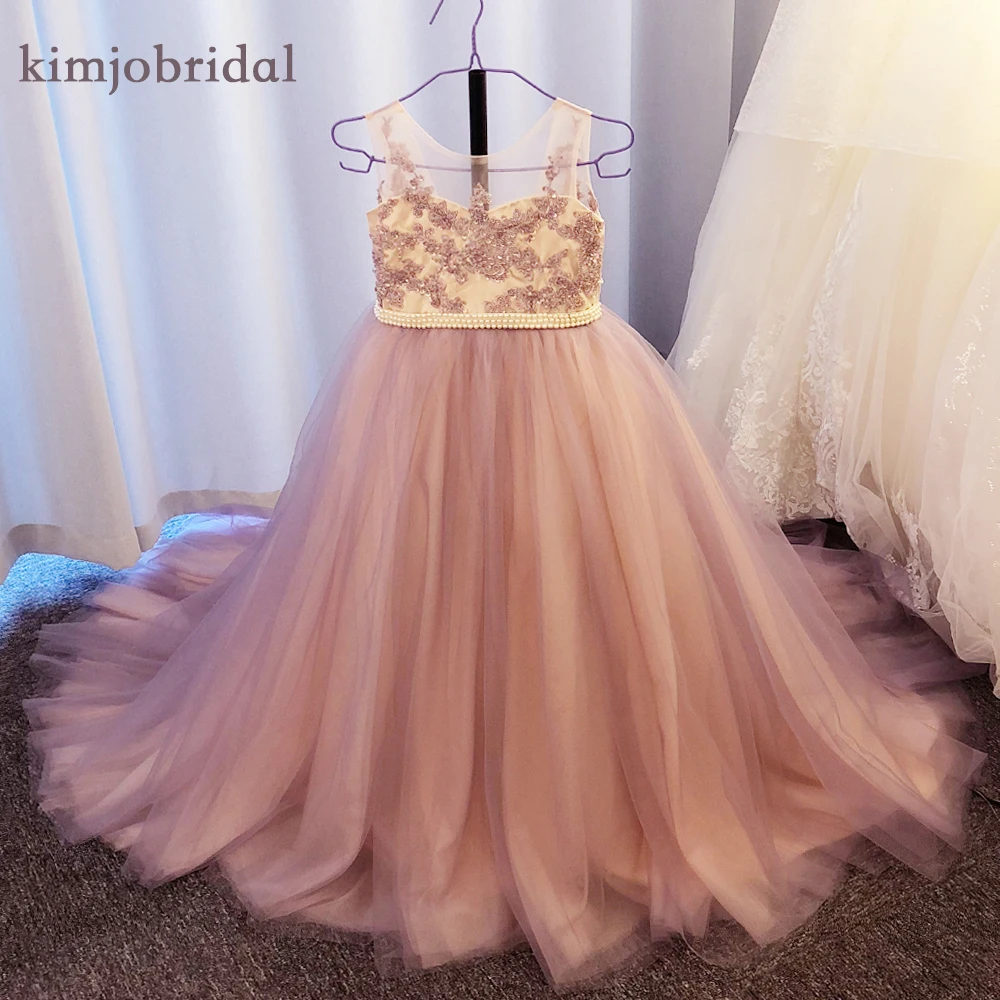 SuperKimJo Robe Mariage Enfant Fille пыльно-Фиолетовое Милое Свадебное платье с цветочным узором для девочек, кружевное Недорогое Платье с аппликацией из бисера