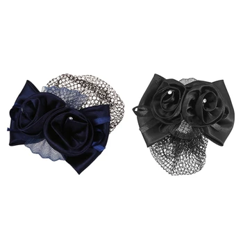 

2Pcs Hairnet Hair Clip : 1Pcs Blue Flower Bow Hair Clip Snood Net Barrette Bun Cover & Black Polyester Bow Ribbon Metal Barrette