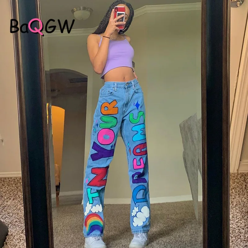 

BaQGW Women's Cartoon Printed Jeans Atumn Winter Harem Pant Trousers Single Breasted Female Hight Waist Cotton Jeans Denim Pants