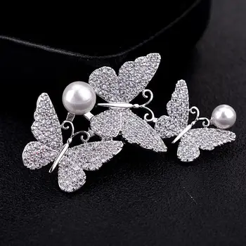 

Fashion Jewelry Lovely Three Butterfly Brooches Pins for Women Shiny Noble Pearl Crystal Insect Pin Broches Femininos Bijoux