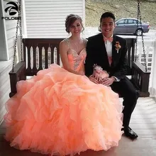 Принцесса коралловые Бальные платья с бисером Милая прозрачная Иллюзия сзади оборками органзы Сладкий 16 выпускного вечера платья