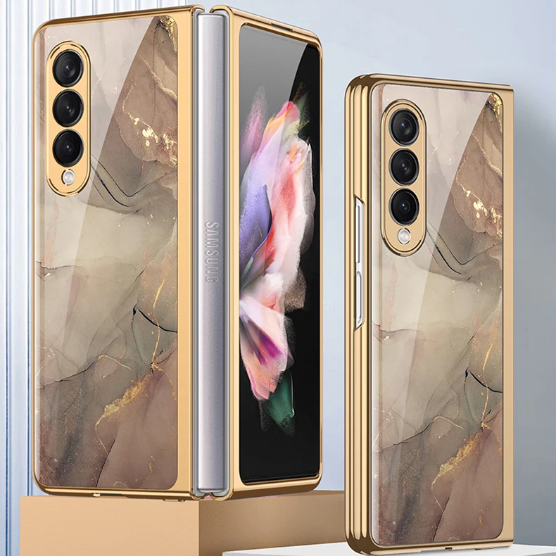 Luxury Plating Tempered Glass Case for Samsung Galaxy Z Fold 3 5G Marble Cases Plastic Frame Hard Glass Cover for Galaxy Z Fold3