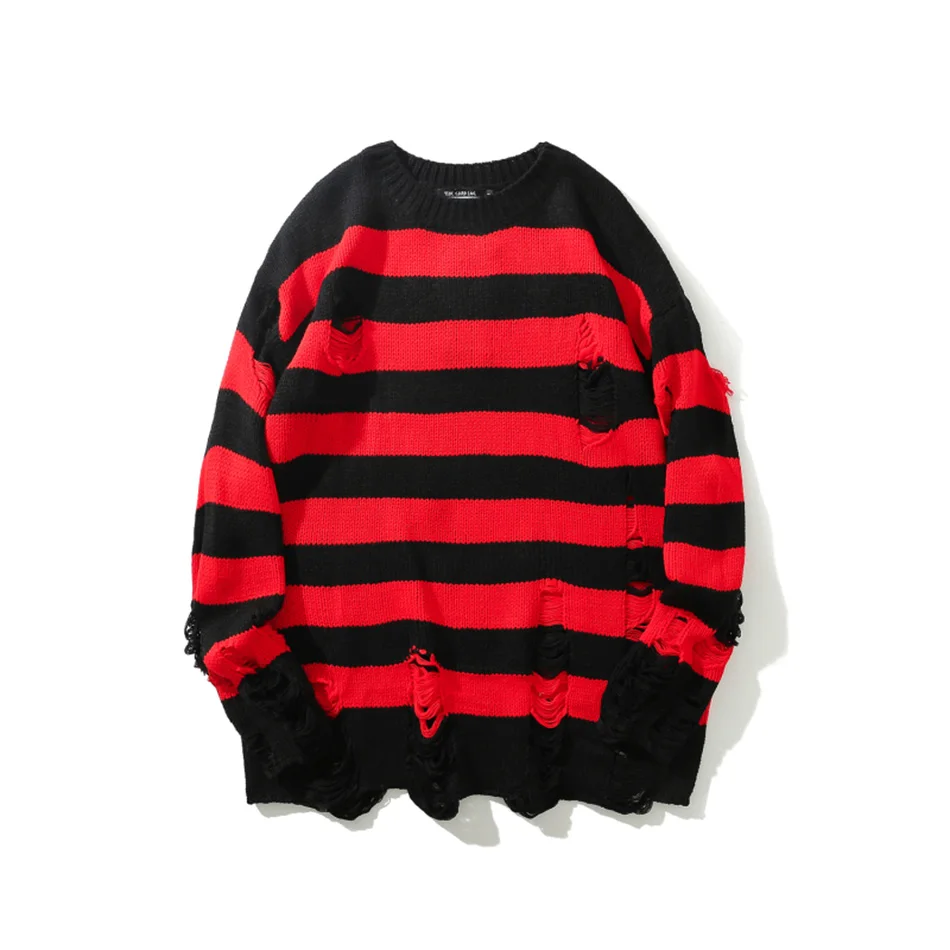 

High Street Retro Punk Rock Hombre Red and Black Stripes Sweater Men Loose Hole Tassel Wool Sweater Pull Homme