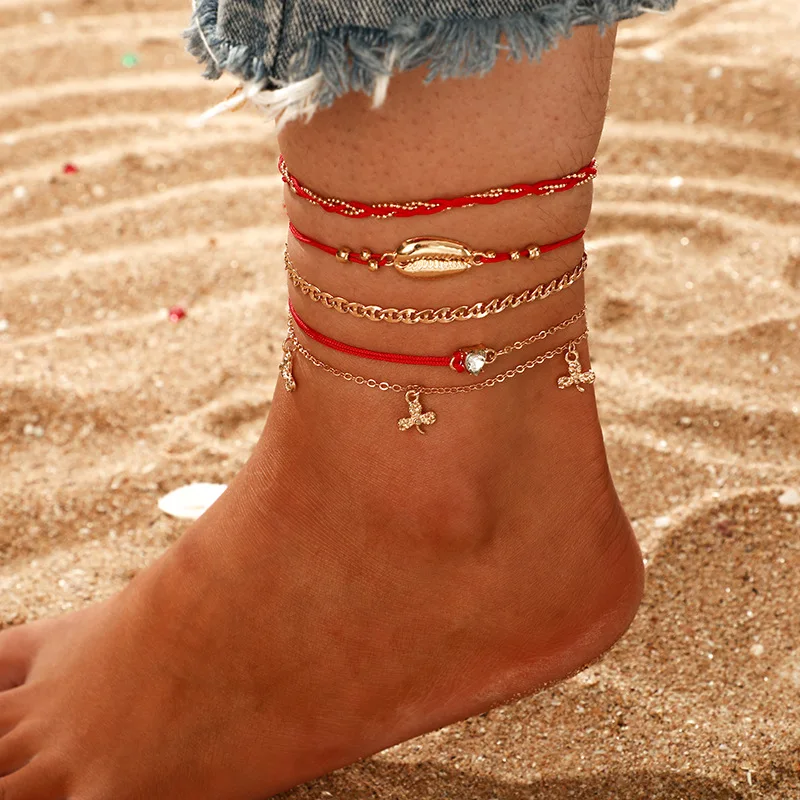 

Gold Color Ankle Bracelet Leaf Shell Pendnat Crystal Multilayer Anklets for Women Accessories Rope Chain Beach Bohemian Jewelry