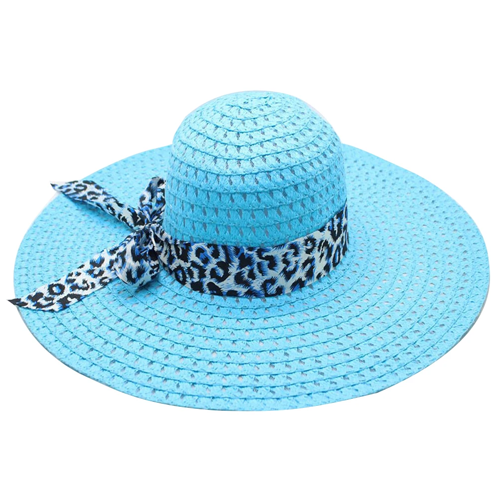 Women Foldable Travel Sunscreen Fashion Bowler Wide Brim Cap Bowknot Ribbon Straw Hat Seaside Leopard Print Beach Outdoor Summer