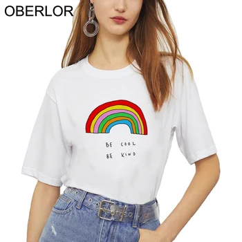 

Harajuku Women T Shirt Rainbow Be Cool Be Kind Printed Women'S Tee Shirts O-Neck Cotton High Street Tees Summer Streetwear