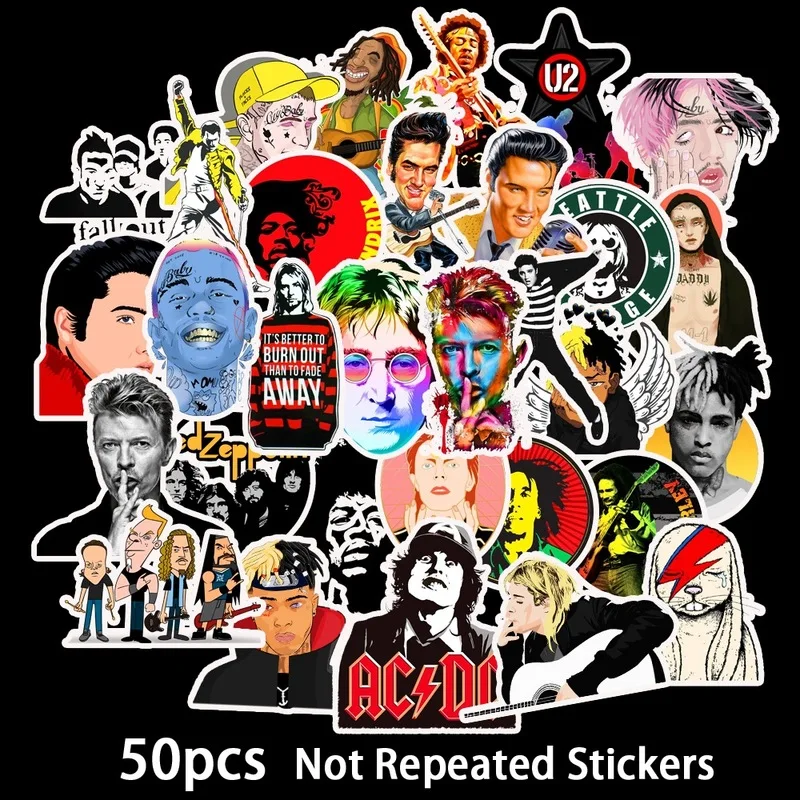 

50pcs Rock and Roll Hip Hop Punk Music Band Stickers for Mobile Phone Laptop Guitar Luggage Case Skateboard Bike Car Stickers