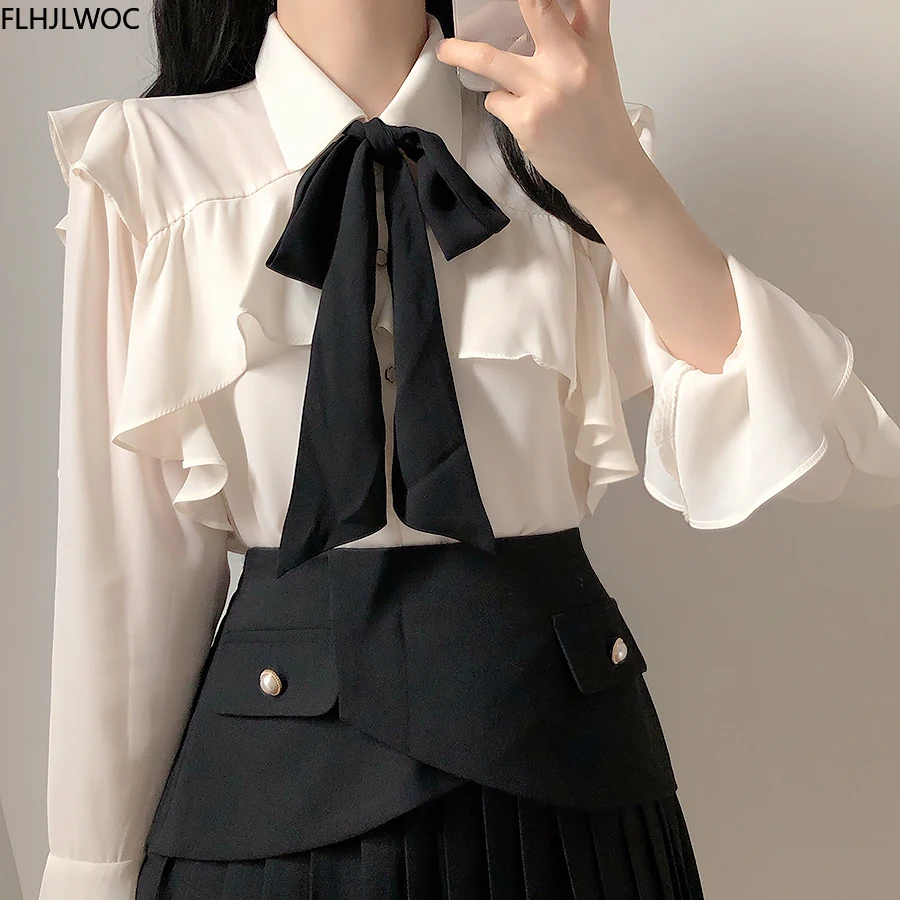Ruffled Bow Tie Top Autumn Basic Office Lady Work Wear Flare Sleeve Cute Women Single Breasted Button Solid White Shirts Blouses 4