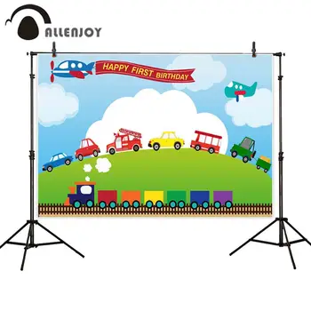 

Allenjoy Cartoon Backdrop Car Bus Train Fire Truck Plane Grassland Cloud Blue Sky Ribbon Banner Happy First Birthday Pary Decor