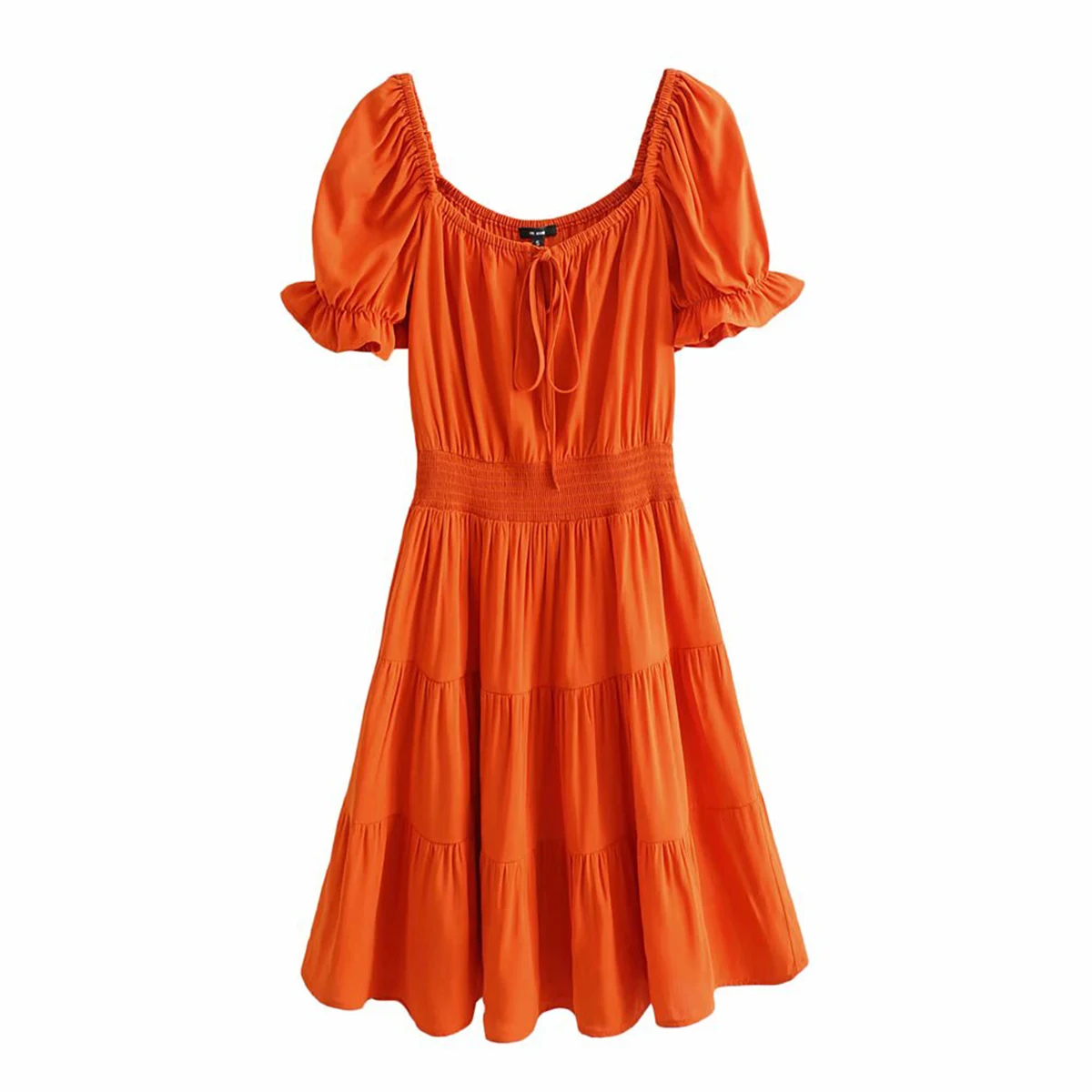 Оранжевый Solid Elegant Woman Mini Dress Square Collar Puff Sleeve Vintage Chic Vestidos Summer Casual High Waist Ladies Short Dress - Цвет: Оранжевый