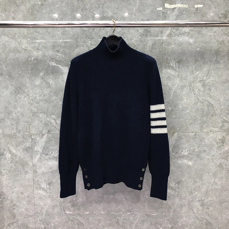 TB THOM Sweater Autunm Winter Sweaters Male Fashion Brand Men's Clothing Wool 4-Bar Stripe Turtleneck Knit Navy TB Sweaters