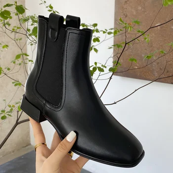 

INS 2020 Winter Fashion Women Low Heels Ankle Boots Vintage Lady Slip On Chelsea Boots Casual Square Toe Flat Boots Party Shoes