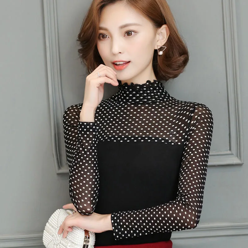

Women Spring Summer Style Lace Blouses Shirts Lady Casual Long Sleeve Turtleneck Patchwork Blouses Tops DD9184