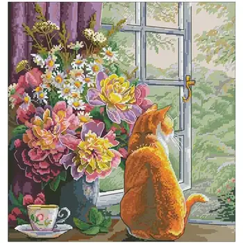 

Cat on the windowsill in the summer afternoon Cross Stitch 11CT 14CT 18CT DIY Cross Stitch Kits Embroidery Needlework Sets
