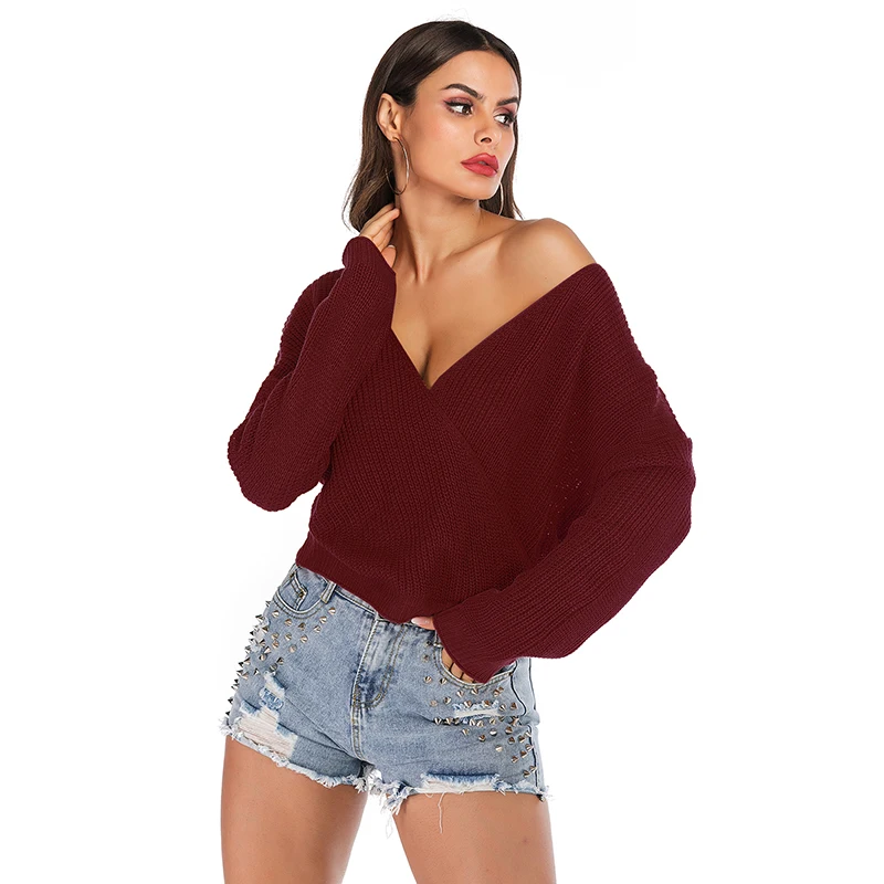 

Women's Sweater 2019 Autumn Open Back Cross Long Sleeve Solid Color Sweater Winter Fashion Loose Bottoming Female Sweater