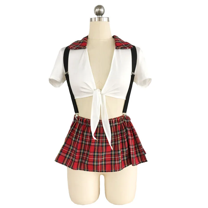 

Sexy School Girl Role-playing Costume White Top Grid Mini Skirt With Straps Sexy Adult Costumes Outfit Erotic Lingerie
