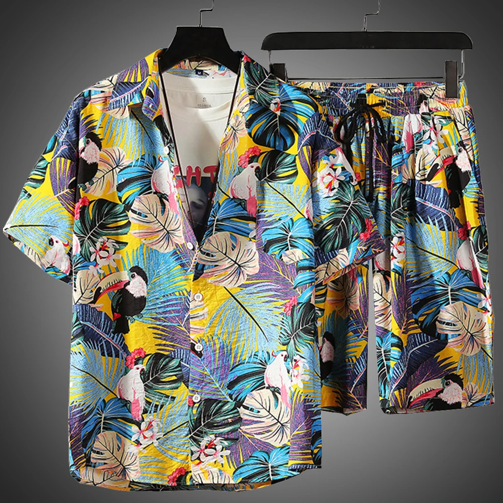 Summer Shirt Shorts-Set Beach-Wear 2piece-Set Men Casual Prined Floral-Print 5XL