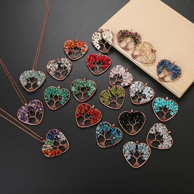 

New Tree Of Life Pendant Necklace Natural Copper Crystal Natural Stone Necklace Quartz Stones Heart-shaped Roots Pendants Wicca