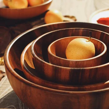 

Japanese Natural Acacia Wood Bowl Fruit Salad Soup Bowl Food Serving Container Creative Wooden Kitchen Utensils Tableware
