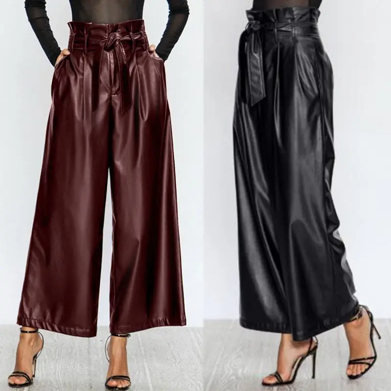 Women Wide Leg Pants ZANZEA 2020 Stylish PU Leather Trousers Ruflle High Waist Pantalon Palazzo Female Solid Turnip Oversized Women Wide Leg Pants ZANZEA 2020 Stylish PU Leather Trousers Ruflle High Waist Pantalon Palazzo Female Solid Turnip Oversized