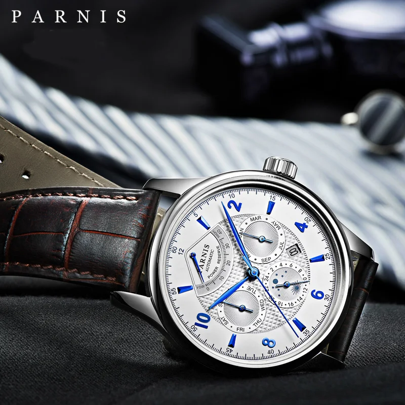 Parnis 43 мм золотой чехол механические Автоматические Мужские часы Moon Phase запас