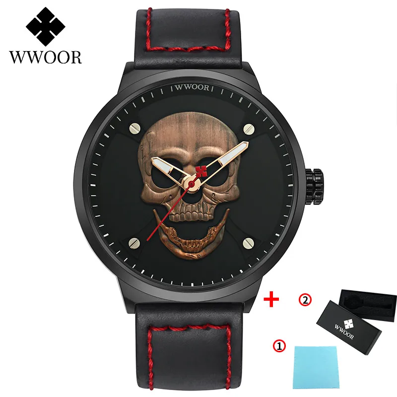 

WWOOR Watch Men's Rose Gold Creative Skull Dial Simple Casual Quartz Waterproof Clocks Fashion High-end Leather Watches Men 2020