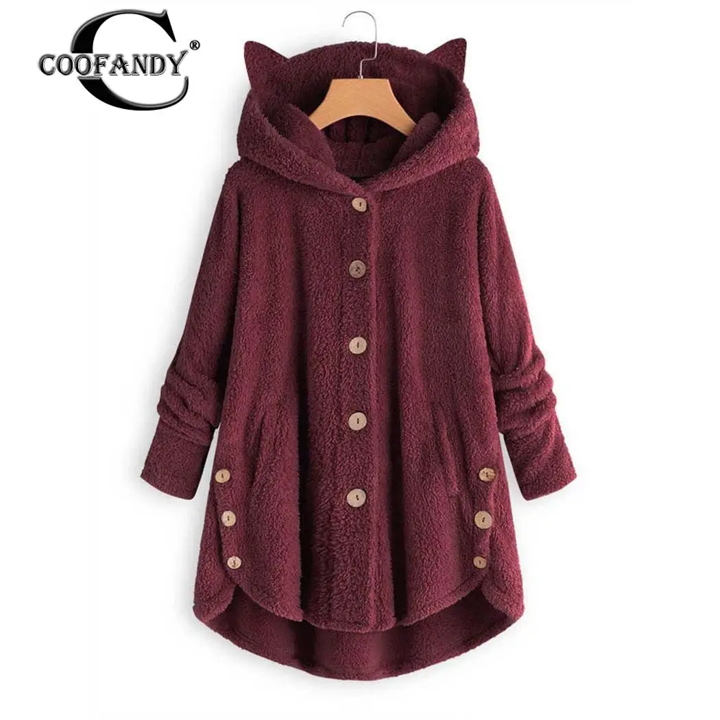 

Women Casual Plush Asymmetrical Design Hooded Autumn, Winter Solid Cute Button Slim Fashion design Coat