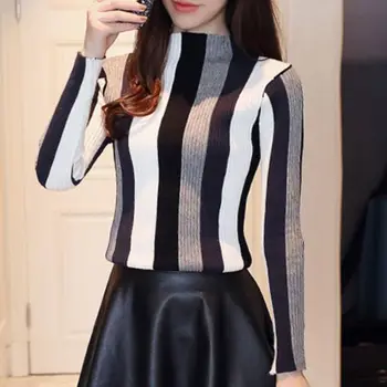 

Casual Striped Women Sweater Bodycon Long Sleeve Turtleneck Pullover Knitted Patchwork Vintage Korean Jumper