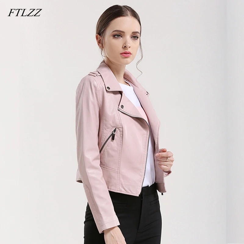 

FTLZZ Rivet Pu Leather Jacket Women Pink Black Colors Motorcycle Short Coat Soft Faux Leather Biker Jacket Female