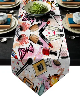 

Female Cosmetics Perfume Lipstick Bow Comb Pink Table Runner Table Flag Home Party Decorative Tablecloth Table Runners