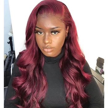 

Body Wave Synthetic Lace Front Wigs With Baby Hair Burgundy Red Wig For Women High Temperature Fiber Hair