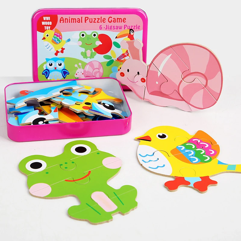 

4-6 sets / box iron box wooden jigsaw fruit vegetable animal cartoon jigsaw Board puzzle Baby early education educational toy