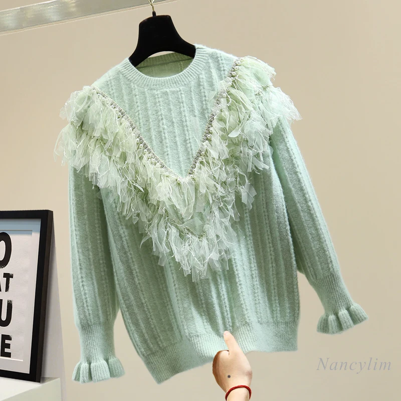

Rhinestone Tassel Ruffled Knit Top 2020 Autumn and Winter Korean Style Loose Mesh Splicing Beads Sweater Female Jumper