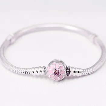 

925 Sterling Silver Bracelet Pink Blooming Dahlia Clasp Snake Chain Basic Bracelets Bangle Fit Bead Charm Diy Fine Jewelry