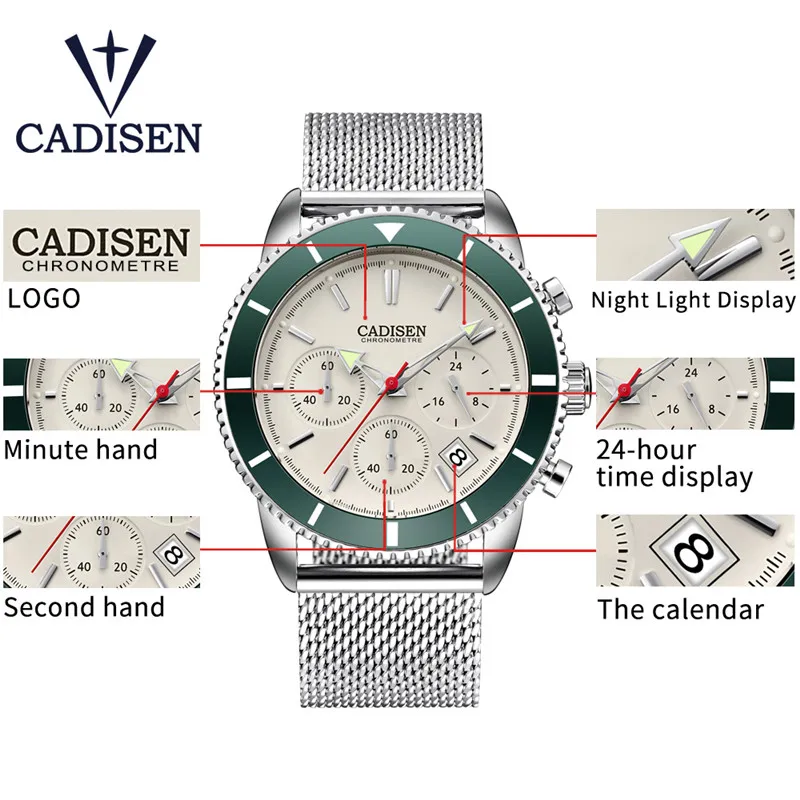 CADISEN мужские s часы лучший бренд класса люкс водонепроницаемые мужские спортивные часы из нержавеющей стали с календарем военные кварцевые наручные часы masculino